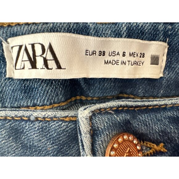 ZARA Womens 6/28 Distressed Cuffed Jeans Size Blue Denim Mid-Rise - Picture 3 of 12